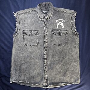 Leather Supreme Denim Biker Vest Mens 2nd Ammendment Large Faded Acid Wash